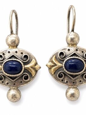 Vintage Blue Cabochon Boho Dangle Earrings – Silver Tone
